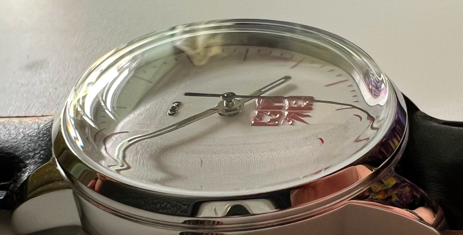 Side-view close-up of the completed watch